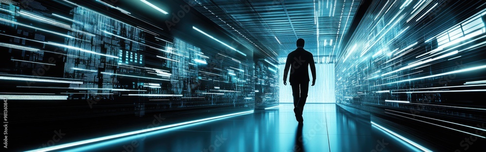 A man walks through a modern server room filled with glowing lines representing data flow A man walks through a modern server room filled with glowing lines representing data flow