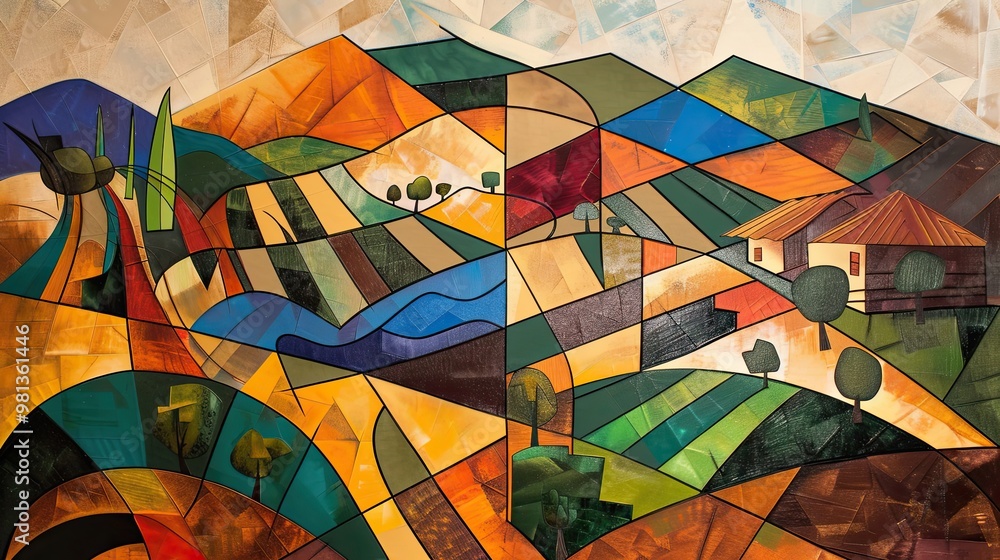 Fototapeta premium Geometric vineyard scene with intersecting lines angular forms and bold cubist colors