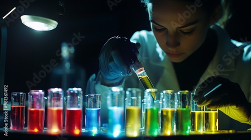 Female scientist handling organic chemistry samples in a laboratory. Radioactive fluorescence is visible in the glass vials. Black background with copy space. Focus on the scientist and the vials.  photo