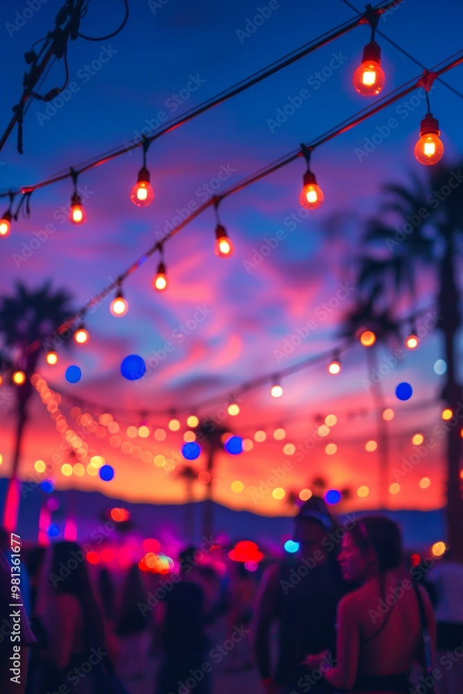 Experience a vibrant evening with string lights and bokeh, creating a magical atmosphere for celebrations Experience a vibrant evening with string lights and bokeh, creating a magical atmosphere for celebrations