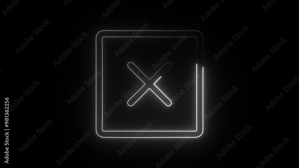 Neon glowing Close Square Line icon on dark background. Exit or close animation Neon glowing Close Square Line icon on dark background. Exit or close animation