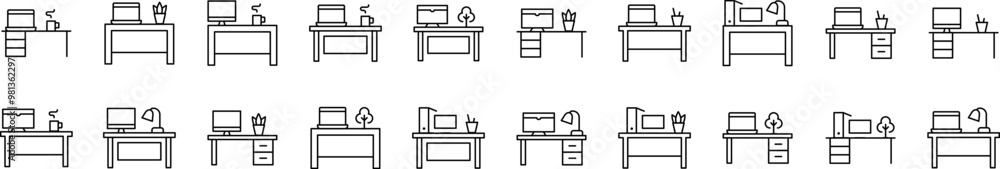 Computer on Table Pack of Thin Icons. Editable Stroke. Suitable for Web Sites, Books, Cards, Apps Computer on Table Pack of Thin Icons. Editable Stroke. Suitable for Web Sites, Books, Cards, Apps