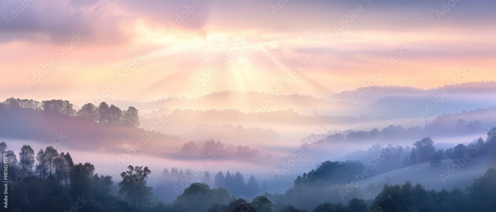Fototapeta premium A serene landscape with soft morning light breaking through mist over rolling hills, creating a peaceful and ethereal atmosphere.