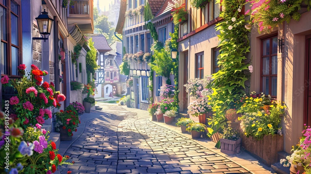 Fototapeta premium Bauhaus street scene with cobblestones historic buildings and morning light