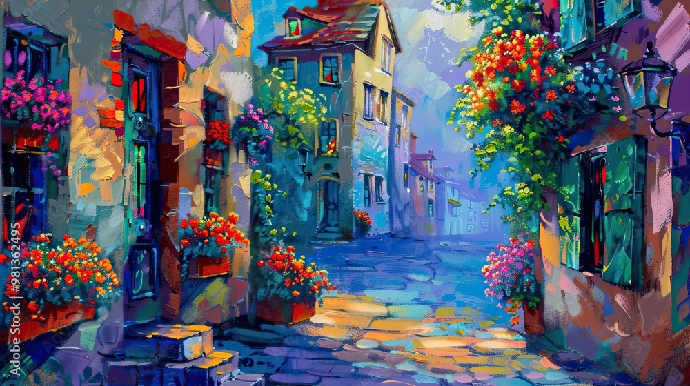 Fototapeta premium Neo-expressionist street scene with intense colors dynamic brushstrokes and sunlight