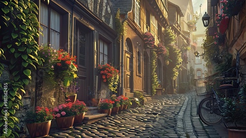 Fototapeta Naklejka Na Ścianę i Meble -  Street scene with symbolic elements rich colors and a mystical morning atmosphere