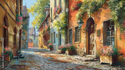 Fototapeta Naklejka Na Ścianę i Meble -  Street scene with classical architecture and soft morning sunlight creating harmony