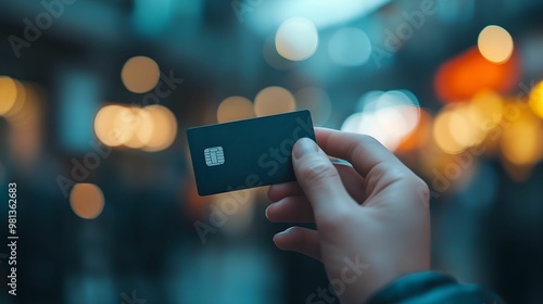 Hand Holding Credit Card with City Lights photo