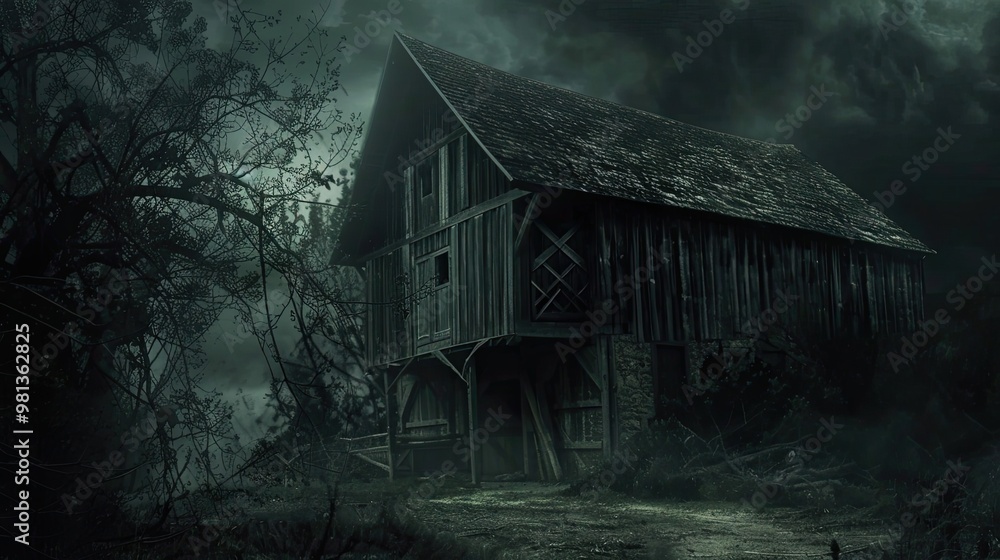 Gothic barn with intricate details moody lighting and dark atmospheric tones Gothic barn with intricate details moody lighting and dark atmospheric tones