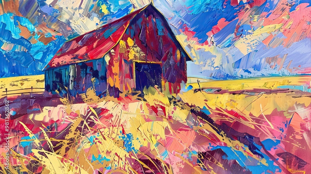 Fototapeta premium Expressive Fauvist barn scene with bright colors and spontaneous strokes