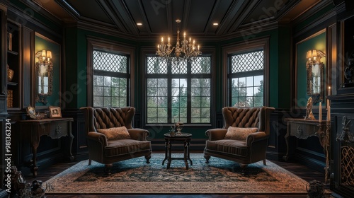 Elegant Gothic-inspired sitting room with ribbed vault ceiling and emerald green walls. Tufted wingback chairs, ornate rug, and crystal chandelier. High-contrast interior design showcase. 