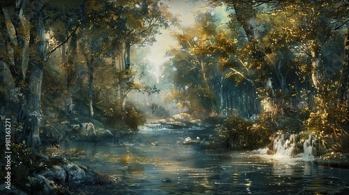 Tranquil Renaissance river with clear water detailed foliage and soft lighting