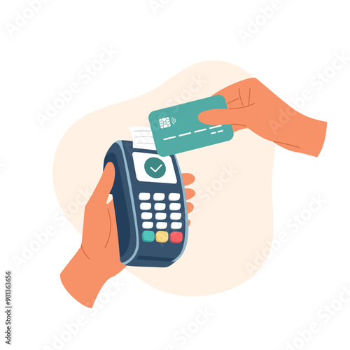 Human hand holding credit or debit card close to the POS terminal to pay. Payment by NFC technology