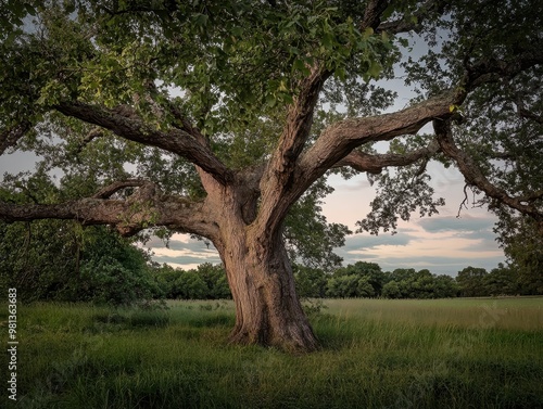 A majestic tree with expansive branches and lush green foliage stands prominently in an open field, bathed in soft evening light.