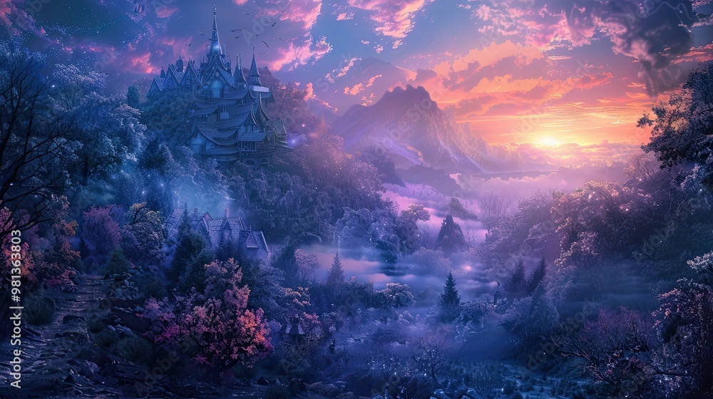 Naklejka premium A mystical village scene with symbolic elements under a surreal enigmatic sky