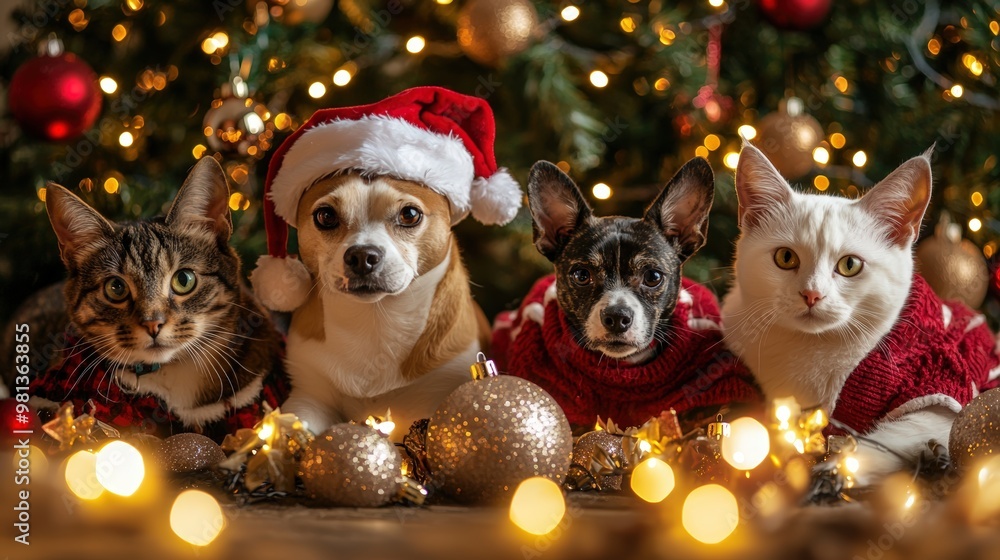 Obraz premium Festive Pet Photoshoot with Dogs and Cats in Christmas Costumes Surrounded by Lights and Decorations