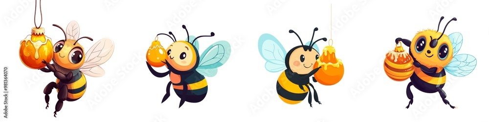 A vibrant illustration of four cheerful bees collecting honey, showcasing their whimsical nature and hard work in nature. A vibrant illustration of four cheerful bees collecting honey, showcasing their whimsical nature and hard work in nature.
