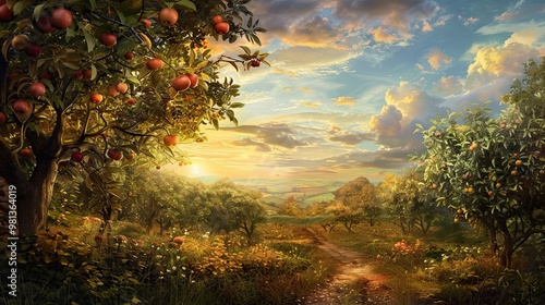 Detailed Baroque orchard with apple trees and sunlight filtering through clouds