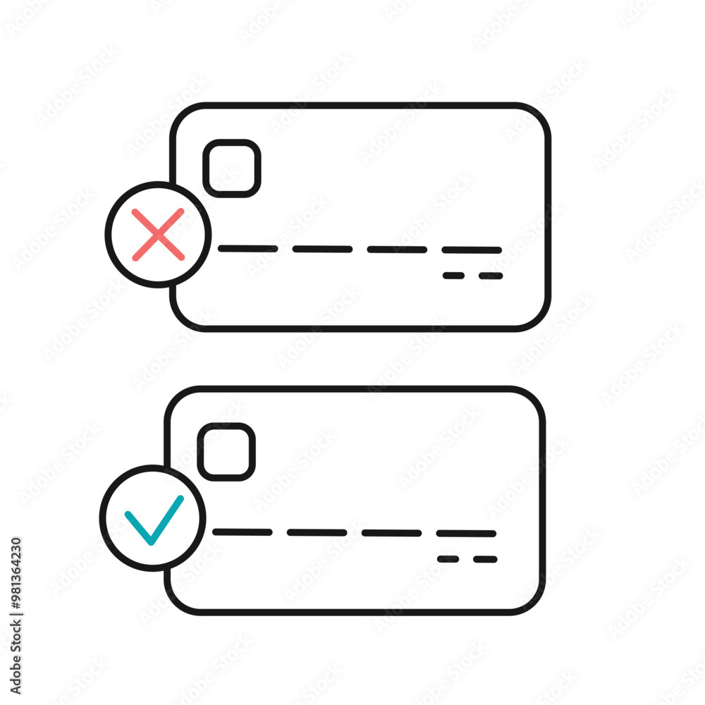 Declined and approved credit card payment icon with checkmark and red cross sign Declined and approved credit card payment icon with checkmark and red cross sign