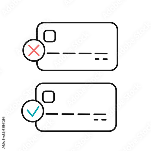 Declined and approved credit card payment icon with checkmark and red cross sign