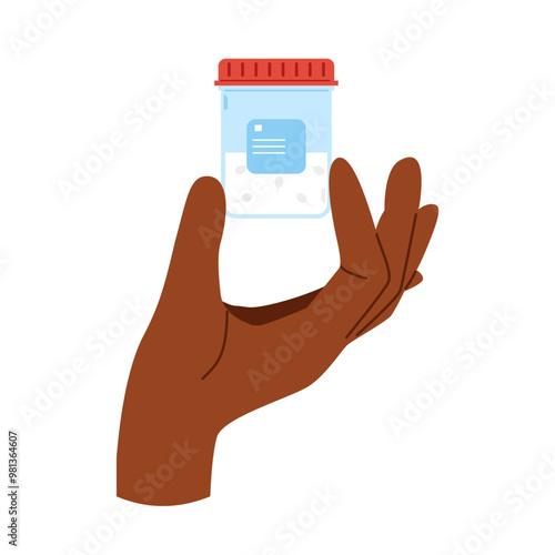 Semen analysis. Plastic container with semen sample on african hand. Sperm donation concept