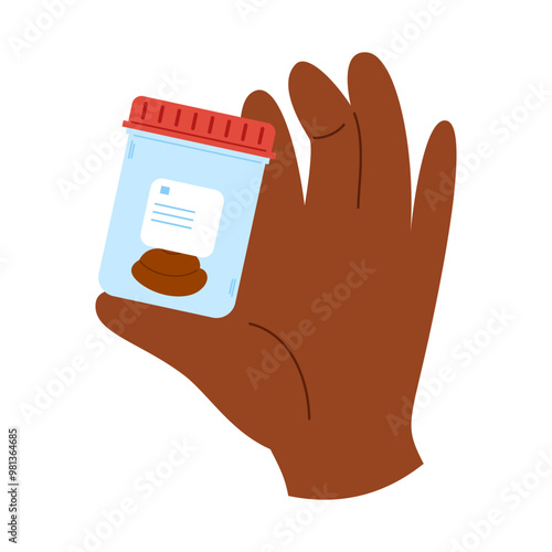 African hand holding plastic container with feces sample in fingers. Stool analysis.