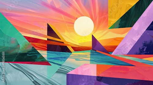 Cubist sunset over plains with geometric forms and angular landscape fragments photo