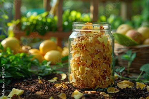 A glass jar filled with dried lemon slices sits in a lush garden with fresh fruits and herbs in the background during golden hour photo