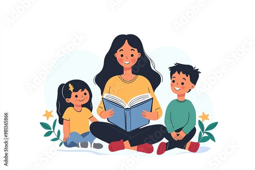 Teacher Reading to Attentive Children in a Classroom Setting – A Calm and Educational Illustration Highlighting Storytelling, Learning, and Early Childhood Education
