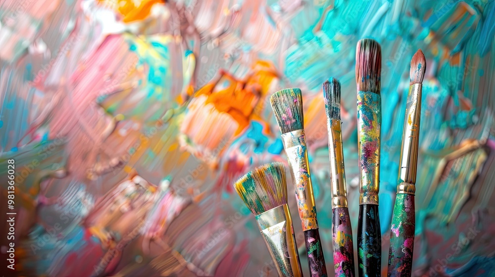 Fototapeta premium Paintbrushes in soft vibrant colors with loose strokes capturing light and shadow