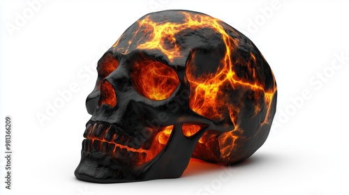 one single magma skull with lava veins isolated on white background