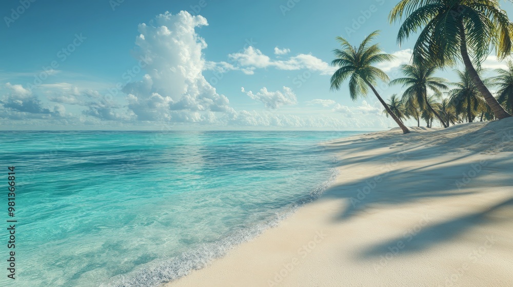 Obraz premium Tranquil Beach Scene with Palm Trees and Clear Blue Water