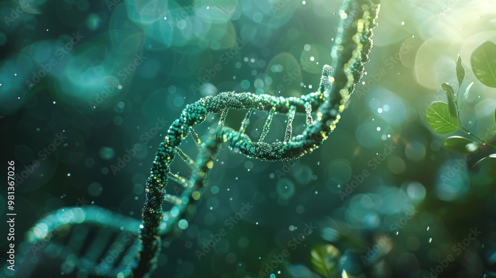 A green glowing DNA double helix strands on a blurred background with glowing particles. A green glowing DNA double helix strands on a blurred background with glowing particles.