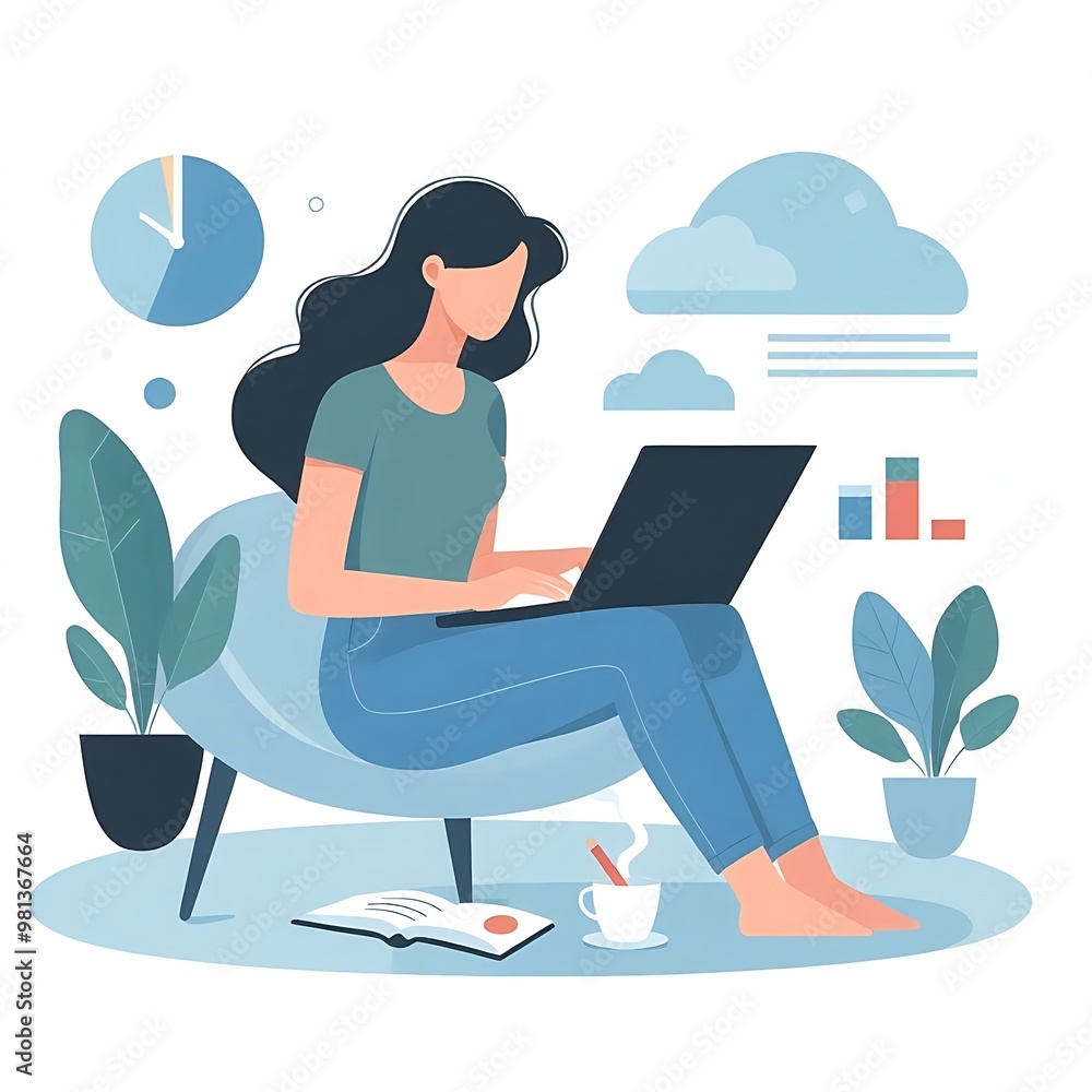 A flat-style illustration of a woman focused on her laptop. Ideal for work-from-home, business, tech, or freelance-related designs. Clean and simple composition on a white background. A flat-style illustration of a woman focused on her laptop. Ideal for work-from-home, business, tech, or freelance-related designs. Clean and simple composition on a white background.