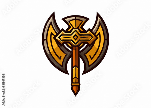 Ornate Broad Axe Emblem for Posters and Banners - Isolated Two-Sided Battle Axe in Vector photo