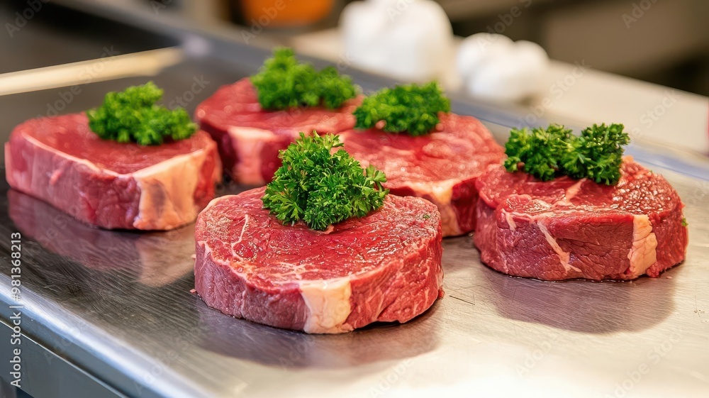 Freshly cut beef steaks lined up on a stainless steel counter in a professional kitchen, beef preparation, gourmet cooking Freshly cut beef steaks lined up on a stainless steel counter in a professional kitchen, beef preparation, gourmet cooking