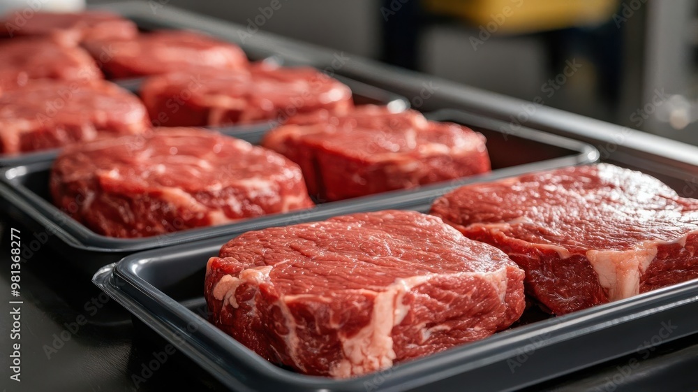 Fototapeta premium Industrial machine vacuum sealing large trays of beef cuts in a sterile processing facility, vacuum packaging, modern meat processing