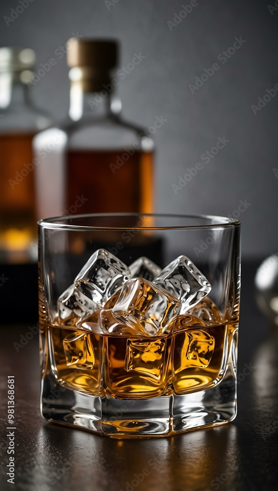 Elegant whiskey glass with ice cubes for promotion. Elegant whiskey glass with ice cubes for promotion.