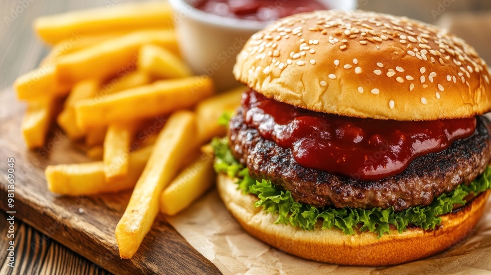A tempting hamburger layered with fresh lettuce and topped with rich ketchup is accompanied by a generous serving of crispy French fries, set on a rustic wooden platter A tempting hamburger layered with fresh lettuce and topped with rich ketchup is accompanied by a generous serving of crispy French fries, set on a rustic wooden platter