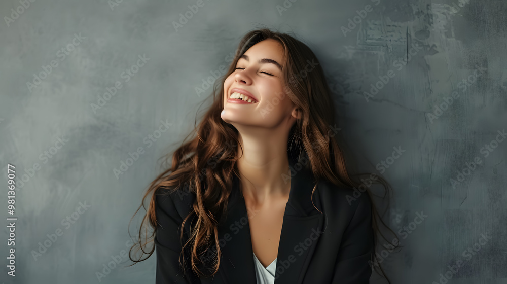 Happy young business woman posing isolated over grey wall background Happy young business woman posing isolated over grey wall background