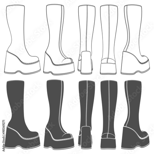 Set of black and white retro platform boots. Isolated vector objects on white background.