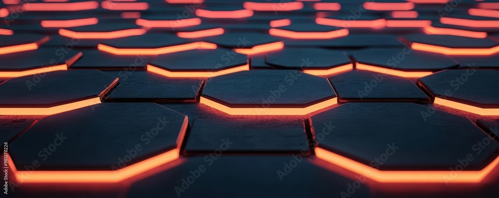 Fototapeta premium Seamless glowing hexagonal pattern, futuristic texture, dark background, vibrant neon highlights, balanced and sleek layout, soft light gradients, glowing transitions