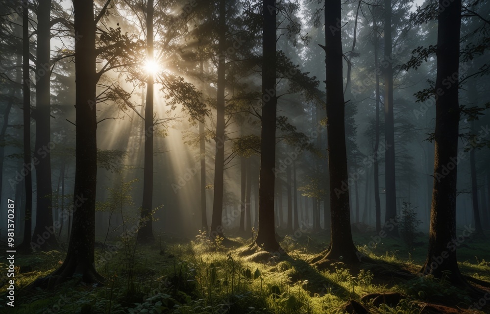 Obraz premium Misty Forest with Sunlight Rays