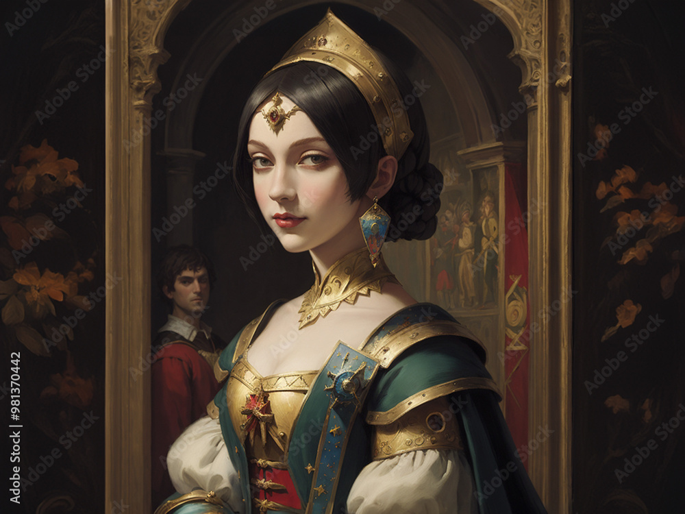 Fototapeta premium Fantasy middle ages woman in a church wearing a crown with a suspicious man in the background spying