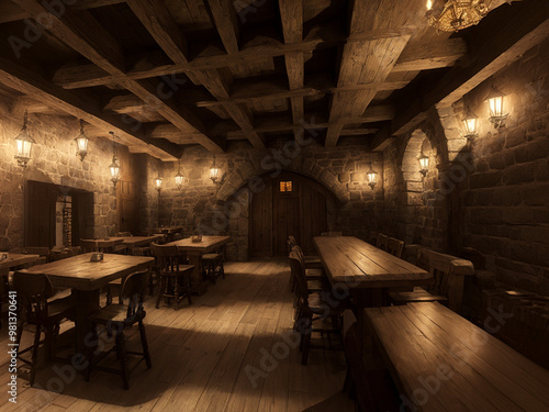 Interior of a medieval tavern in fantasy style with fancy tables and clean floor