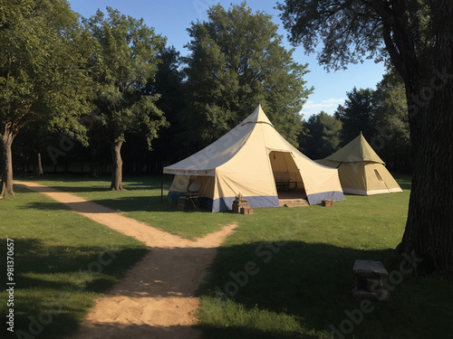 camping in the forest in a meadow clearing with two large tents during the summer