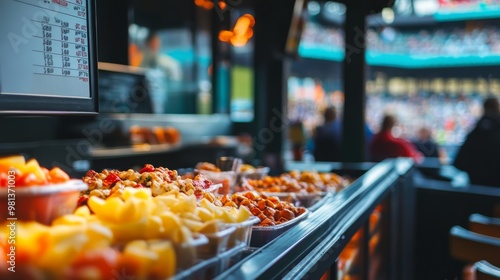 Brightly colored food items are displayed at a concession stand in a baseball stadium, with fans enjoying the game in the background. The atmosphere is vibrant and fun photo