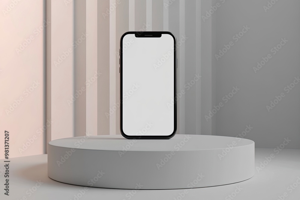 Mobile phone with a blank screen on podium. Mockup template of modern smartphone. 3d rendering.generative ai Mobile phone with a blank screen on podium. Mockup template of modern smartphone. 3d rendering.generative ai