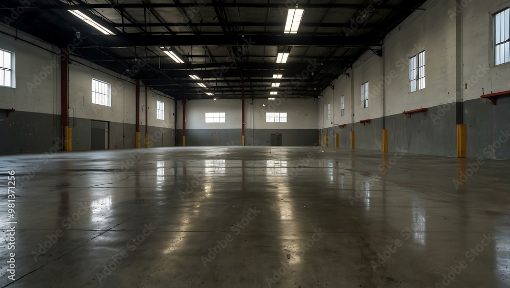 Empty warehouse with polished concrete, ready for storage or manufacturing. Empty warehouse with polished concrete, ready for storage or manufacturing.