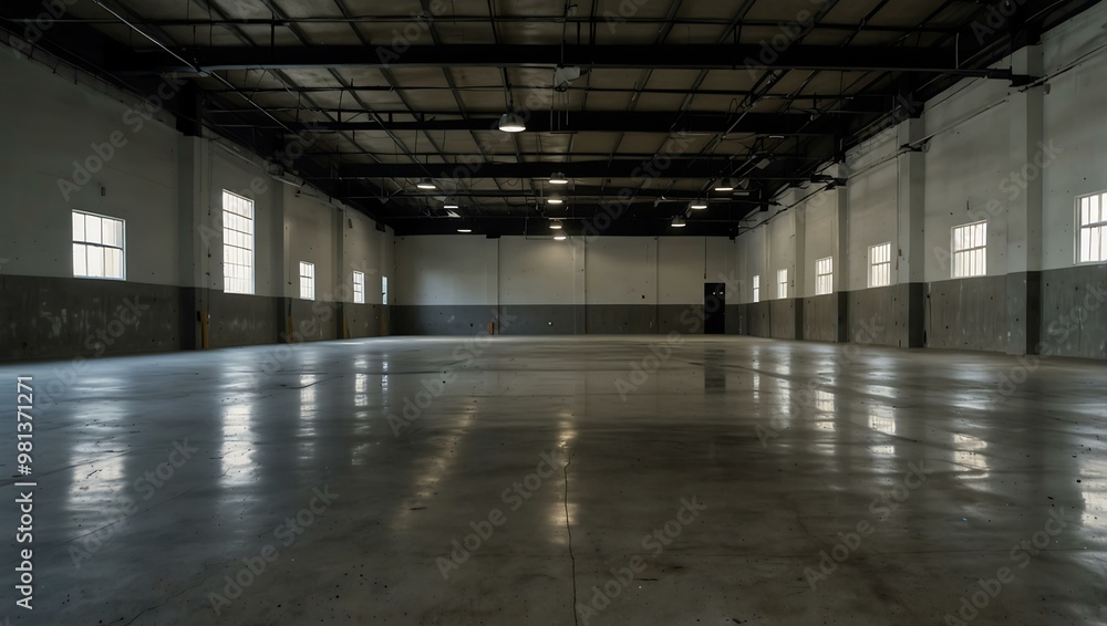 Empty warehouse with polished concrete, ready for storage. Empty warehouse with polished concrete, ready for storage.